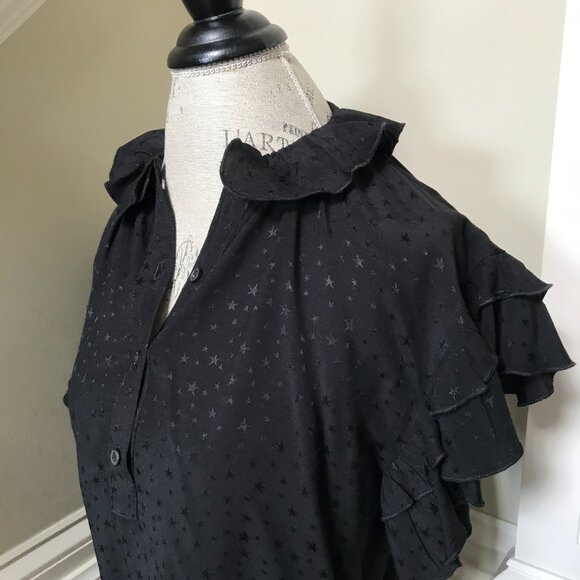 KOCH Popover Ruffle Blouse Top Shirt Womens XS Black Short Sleeve Button Front - Picture 7 of 11
